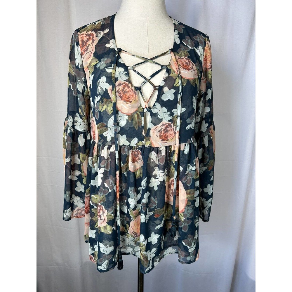 Show Me Your Mumu Womens Sz M floral Bell Sleeve Blouse black and pink see thru - Picture 1 of 8